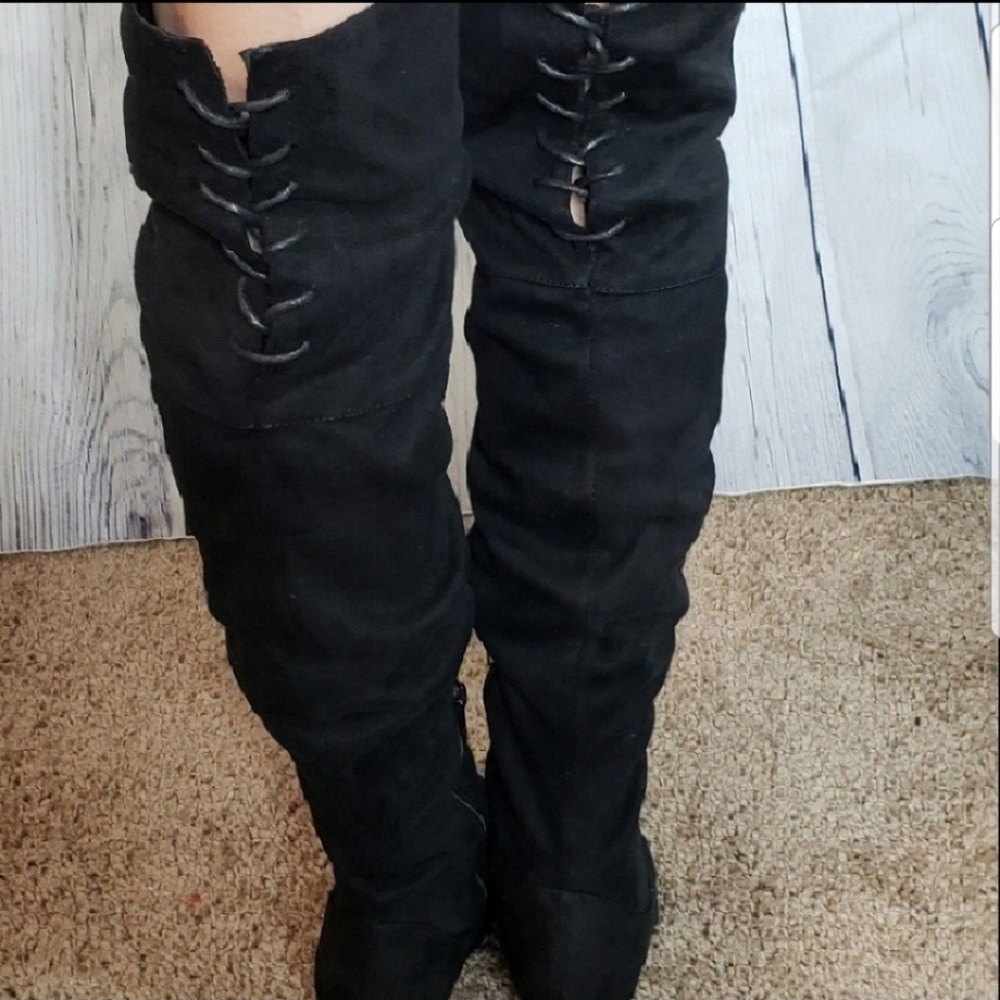 Black Vegan Suede Over the Knee Boots - Picture 7 of 8